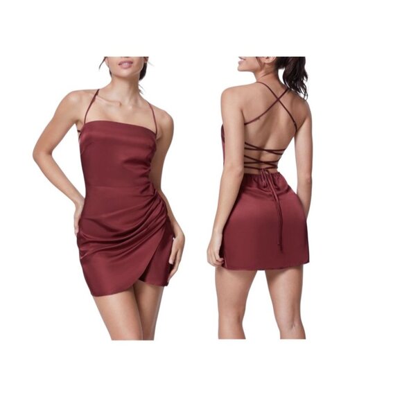 Halara Backless Lace Up Tulip Hem Spaghetti Strap Mini Satiny Mini Dress Sz Smal - Picture 1 of 16